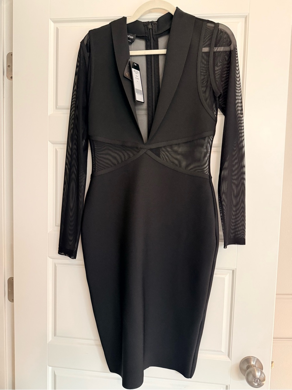 bebe Black Long-Sleeve Mesh-Inset V-Neck Bodycon Dress